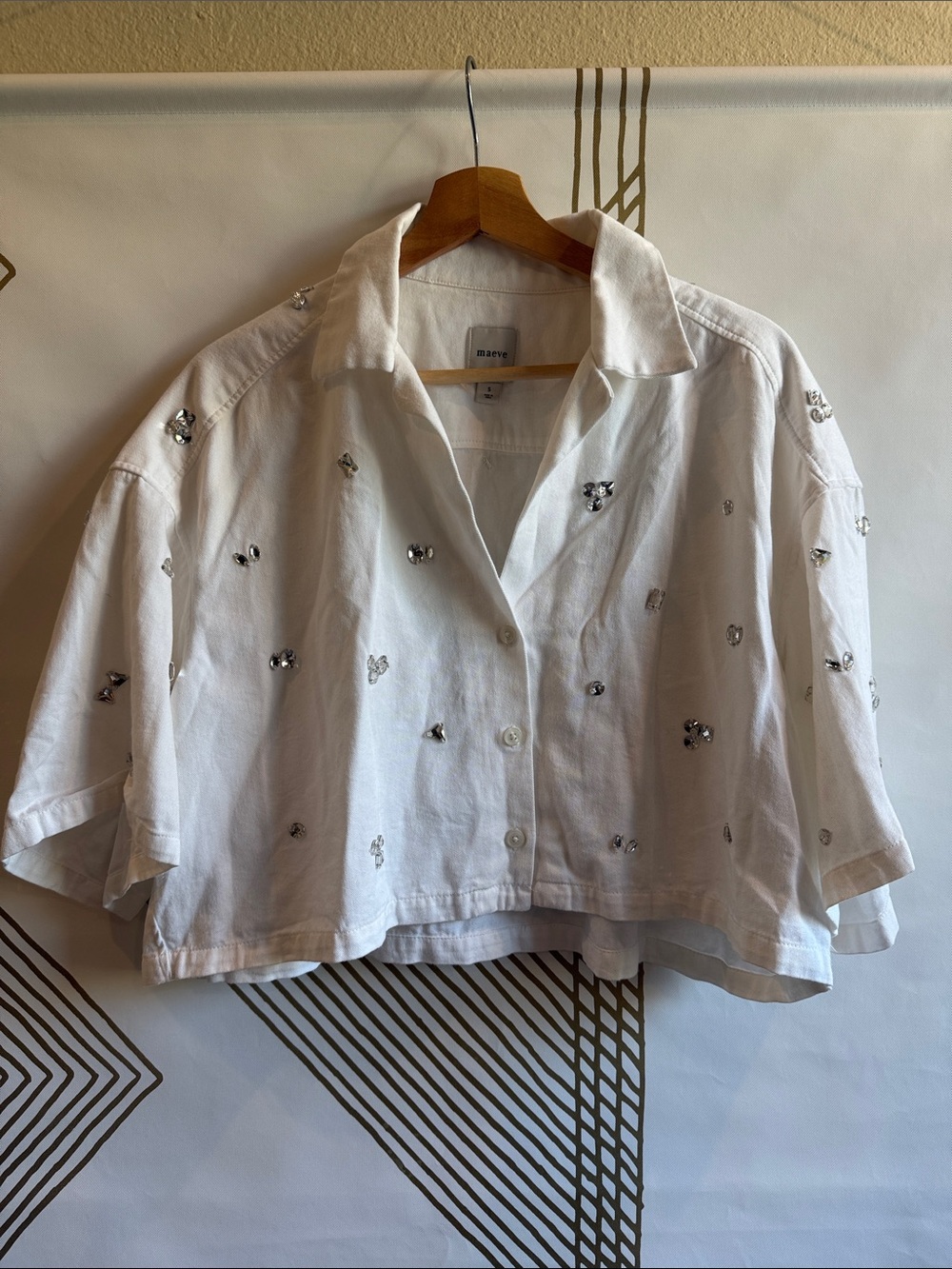 Anthropologie White Cropped Embellished Button-Up Jacket